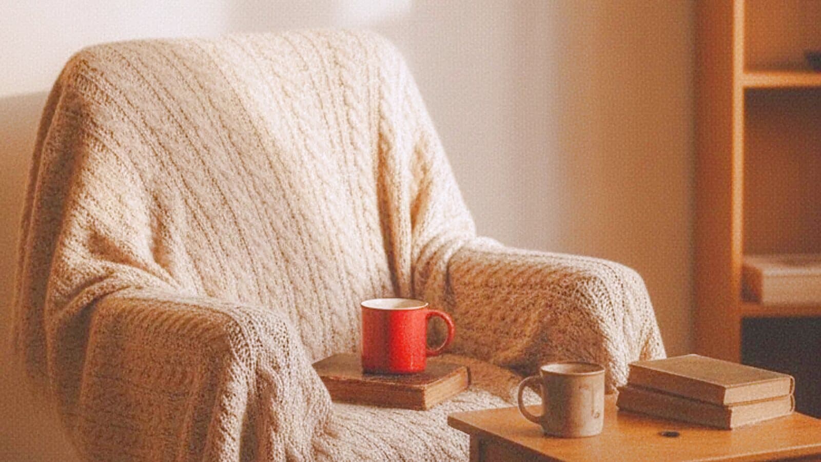 Sessel mit Strickdecke, daneben eine Tasse und ein Stapel Bücher