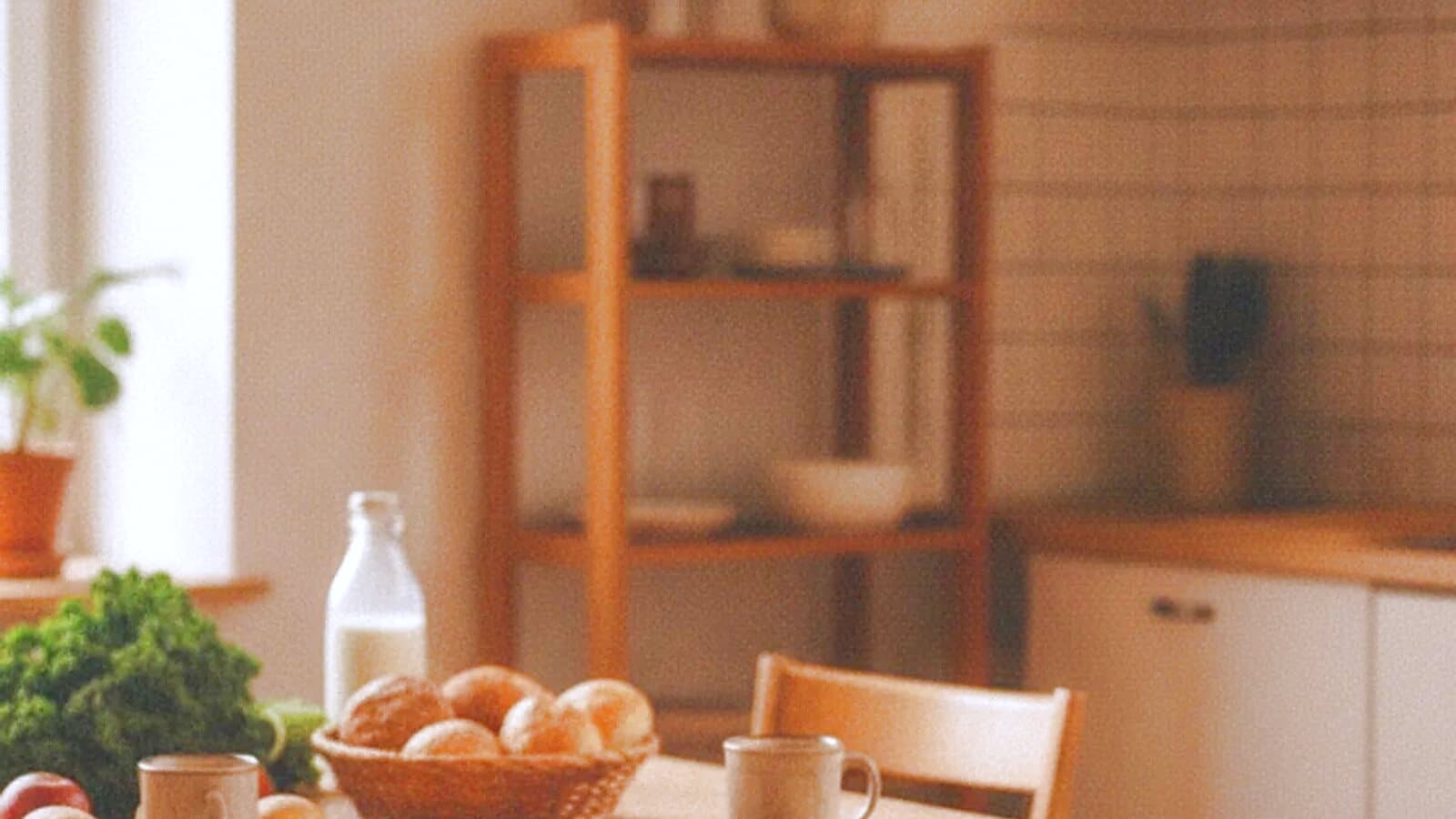 Küchentisch mit Brot, Milch und frischem Gemüse bei Tageslicht
