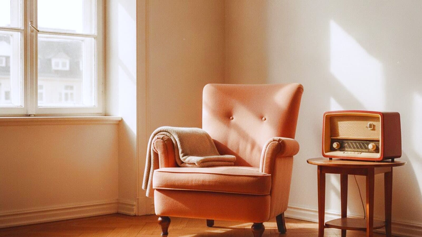 Wohnzimmer einer Altbauwohnung mit Sessel und Fensterlicht